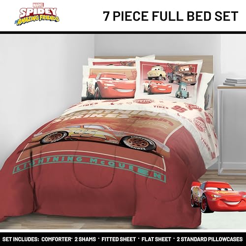 Image of Jay Franco Kids Comforter Set Includes Sheets and Pillow Covers - Soft and Cozy Bed Set for Stylish Room Decor, Official Licensed Bedding, Red - Cars, 7 Piece Full