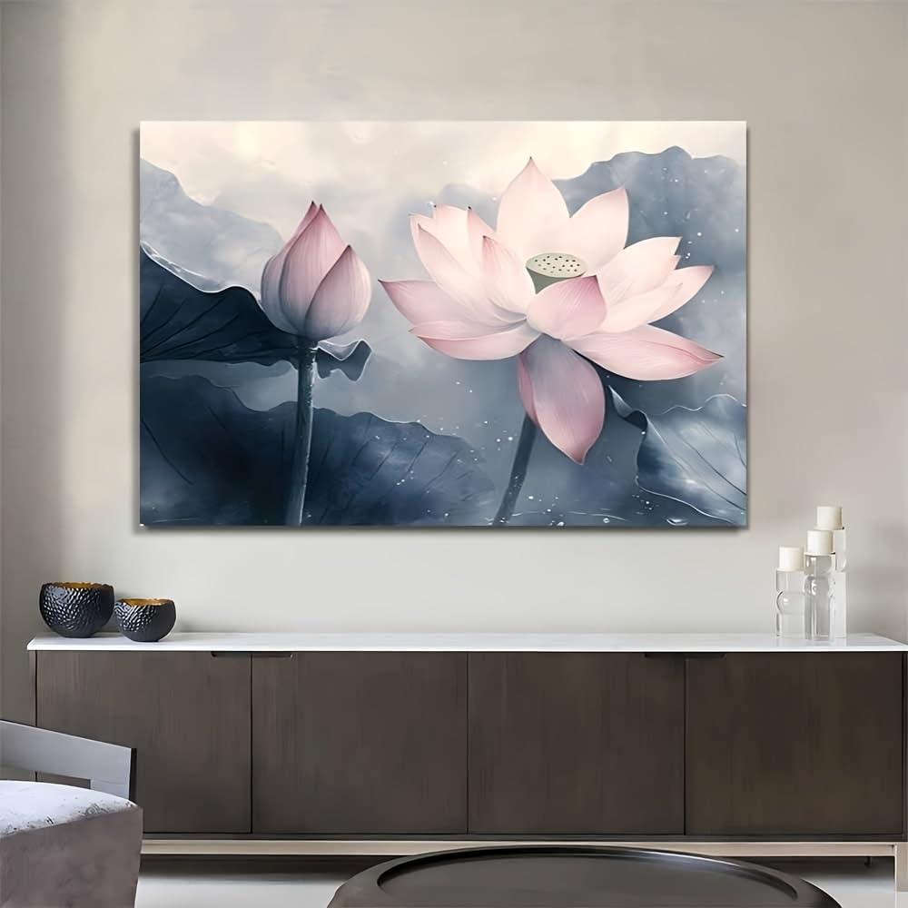 IHHGNB Elegant Canvas Wall Art Featuring a Tranquil Pink Lotus Against a Black Backdrop Canvas Mural for Bedroom Living Room(50x70cm(20x28in)/No frame)