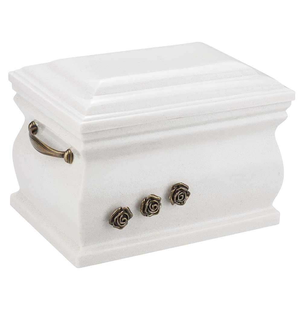 Remember Forever White Granite Casket Cremation Ashes Urn For Adult With Calla Lily, Funeral Memorial Urn For Human Ashes, Color (Roses/Plain + Plaque)