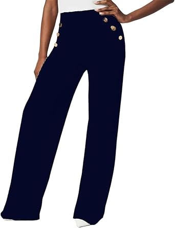 Women Tummy Control Button Wide Leg Pant,Plus Size Casual Stretchy High Waist Straight Pants Trousers