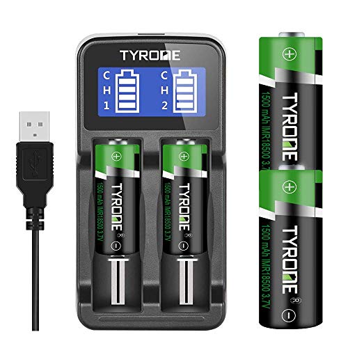 18500 Button top Rechargeable Batteries, Tyrone 4 Pack 18500 Rechargeable Batteries [ More Than 1500mAh 3.7V Batteries with 2-Ports Smart Charger ]