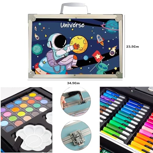 Image of KARP Children Deluxe Art Drawing Set for Kids| Drawing & Coloring Set with Crayons, Oil Pastels, Colour Pencils, Watercolors, Sketch Pens, Brushes & Carry Case (145 Pcs Astronaut Print Art Set - Blue)