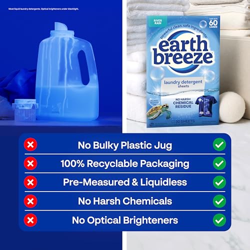 Image of Earth Breeze Laundry Detergent Sheets River Rain - 60 Loads - Eco Laundry Sheets - Travel Laundry Detergent Soap Sheets for Hot & Cold Cycles - Tackles Tough Stains & Odors - Gentle on Skin, 30 Ct