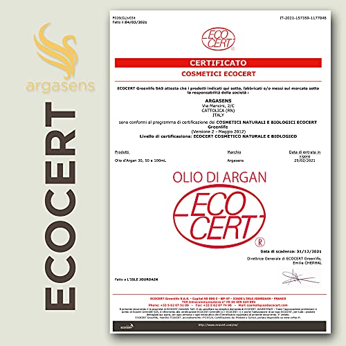 Argasens Olio di Argan 100% Puro, Certificato