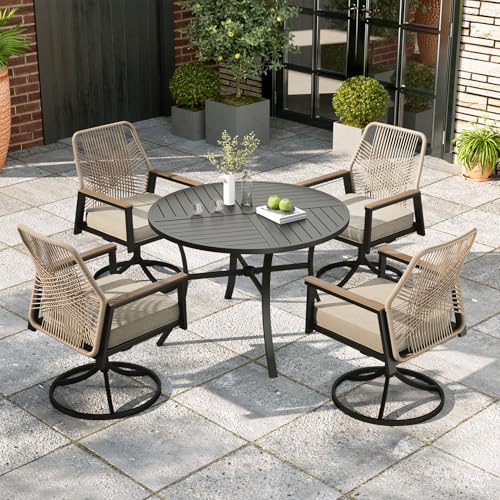 Image of MIXPATIO 5 Pieces Outdoor Patio Dining Set, 42 inch Round Metal Table with Umbrella Hole, 4 x Swivel Rope Rattan Chairs with 3.2 inch Cushion for Yard, Porch, Beige