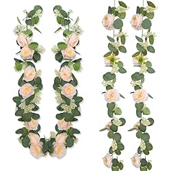 Zerzsy 2 Pack Artificial Greenery Vine Fake Flower Garlands, 6.6Ft Pink Floral Rose Garland, Eucalyptus Garland Faux Silk Hanging Vine for Wedding Table Runner Room Decor