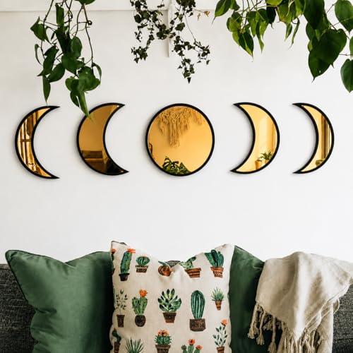 Image of Moon Phase Wall Decor with Black Laminated Pine Wood Frame & Golden Acrylic Mirror | Boho Celestial Wall Art for Living Room, Bedroom, Yoga & Meditation Room