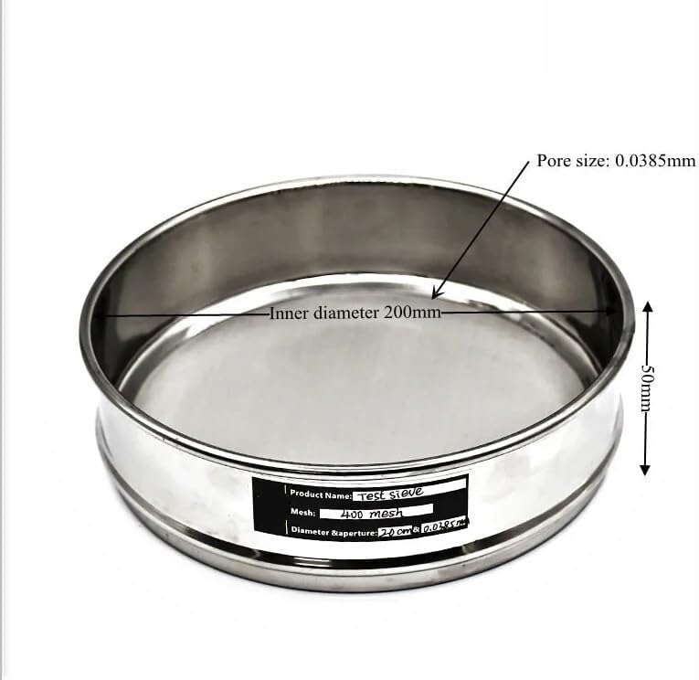 Tamiz de prueba de laboratorio de acero inoxidable: 20 cm de diámetro, malla 400, tamaño de poro de 0,0385 mm, herramienta de muestreo de precisión