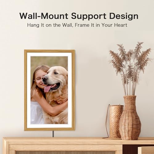 Image of Frameo Digital Picture Frame, Frameo 15.6'' Large Digital Photo Frame WiFi | 1920*1080 IPS FHD Touchscreen, 32GB, Wall-Mountable, Share Video Picture, Electronic Frame, Mom Gifts, Natural Woodgrain