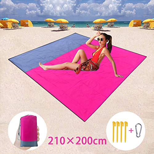 BETECK Alfombras de Playa, 210x200CM Manta de Picnic Impermeable con 4 Estaca Fijo para Jardín Parque Piscina Acampada Viaje al Aire Libre (Rosa)