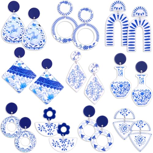 20 Pcs White Blue Floral Earrings 10 Set Vintage Flower Dangle Earring Dainty Romantic Jewelry Gifts Acrylic Elegant Earring Chinese Blue White Style Accessories For Chinoiserie Floral Lover
