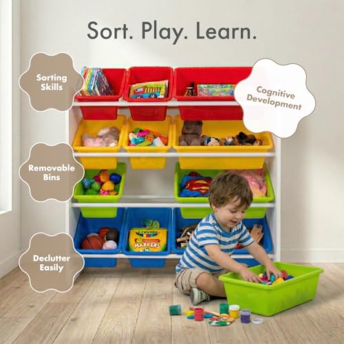 Image of Humble Crew Toy Storage Organizer with 12 Removable Storage Bins for Kids Playroom, 4-Tier Toddler Toy Organization, White /Primary