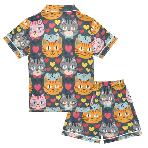 ALAZA Funny Stylish Cat Kitten Heart Pajamas Satin Pajama Set Short Sleeve Button Down Sleepwear2