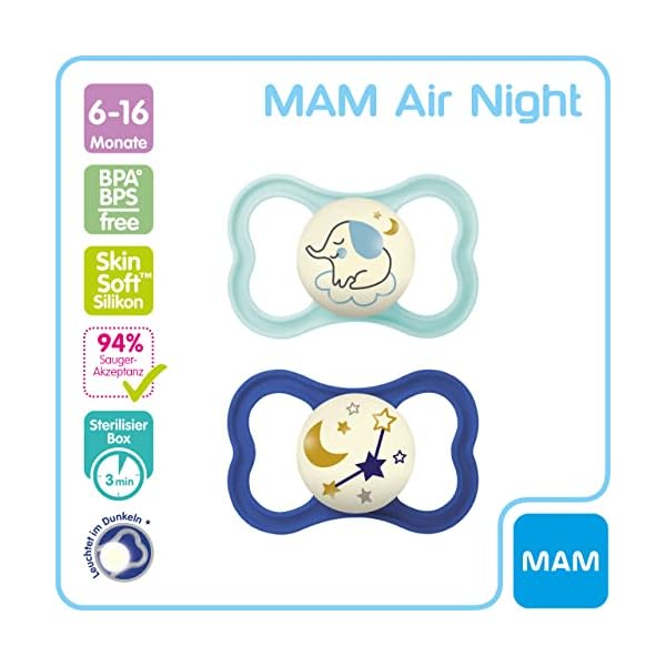 MAM Air Night Silikon Schnuller im 2er-Set, zahnfreundlicher und leuchtender Baby Schnuller, extra leichtes und luftiges… – Bild 7