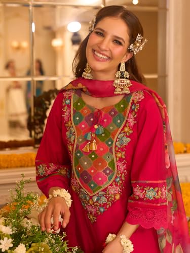 Image of INDO ERA Women's Silk Blend Floral Embroidered A-Line Kurta & Pant with Dupatta Set (IEOUT12374)