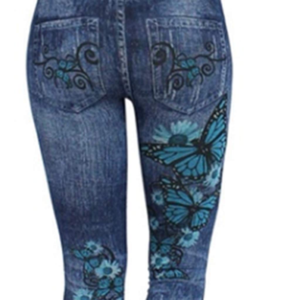 2025 Pantalones elásticos de cintura alta con estampado de mezclilla de siete pantalones para mujer pantalones de dibujos animados para mujer, azul oscuro, XL