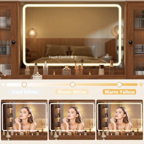 Image of 55 inch Makeup Vanity Desk with Mirror and Lights, Glass Top, Walnut