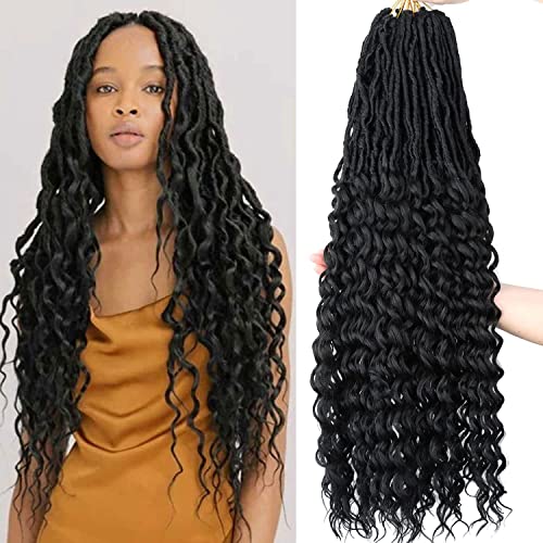 FANWYFYU New Faux Locs Crochet Hair With Deep Curly Ends 30 Inch 6Packs Black Goddess Soft Locs Synthetic Braids Prelooped Dreadlock Hair Extensions ((1B)