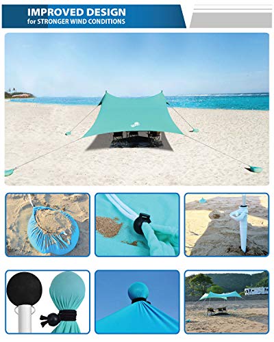 WINNINGO Premium Beach Sunshade, Large Sun Shade Canopy 10\' x 9\', Beach Tent with 4 Aluminum Poles, 4 Pole Anchors, Waterproof Carry Bag & Bonus Tarp Mat, UPF50 UV Protection (Turquoise) - Thumbnail 3