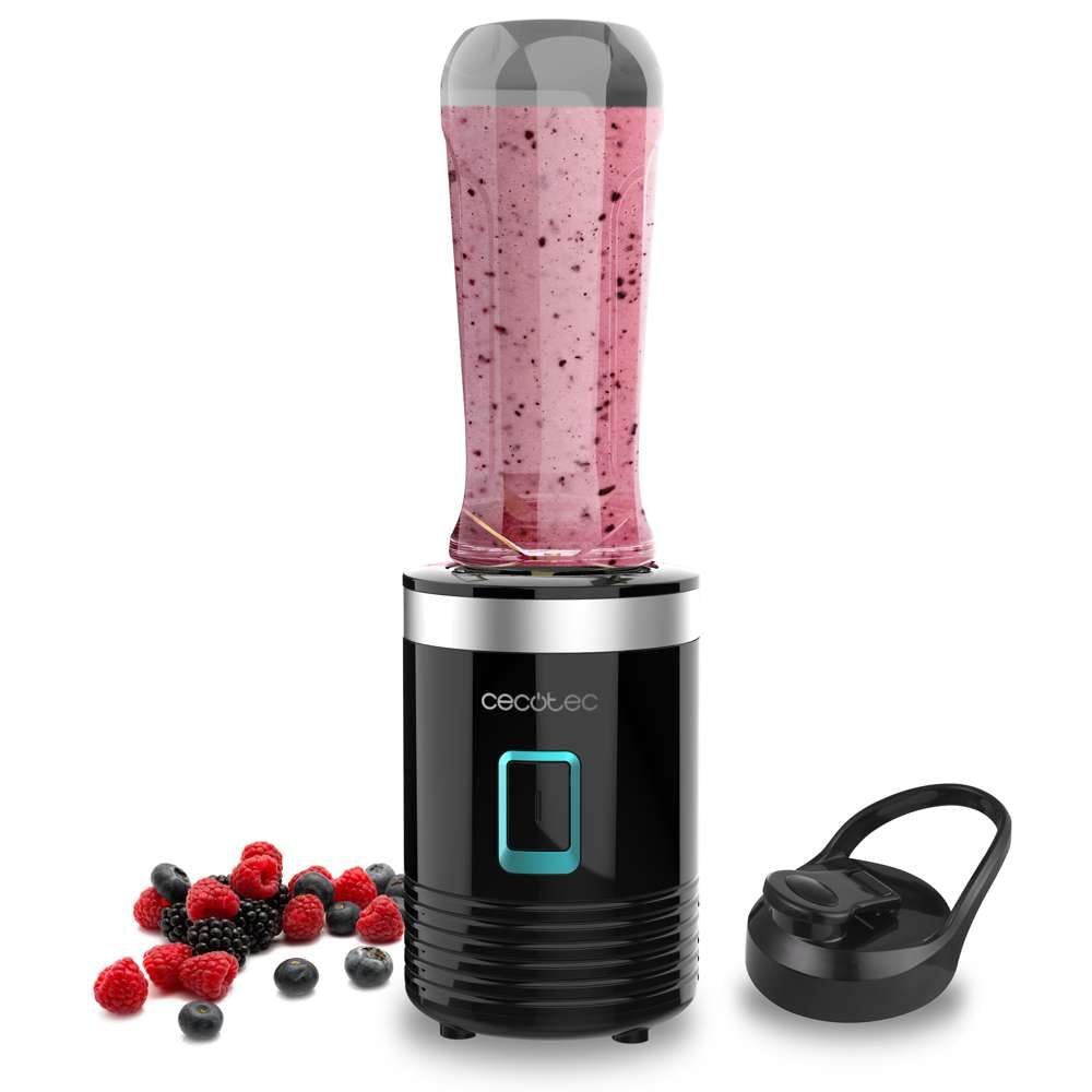 Cecotec Frullatore Portatile Individuale Power Titanium 300. 350W, Trita Ghiaccio, 4 lame con Rivestimento in Titanio Nero, Parti Lavabili in Lavastoviglie, Con un Solo Tocco, 600ml