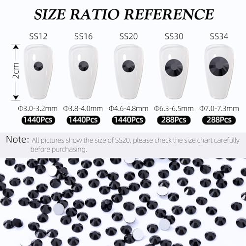 Image of Black Flatback Rhinestones, Glass Rhinestones for Nail Art and Craft, Glue Fix, Loose Crystal Gemstones(Black, SS30, 288pcs, 6.4-6.6mm)
