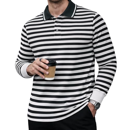 Image of Mack Jonney Men's Premium Striped Polo T-Shirt | Long Sleeve Cotton Blend | Casual & Smart Wear-M6721