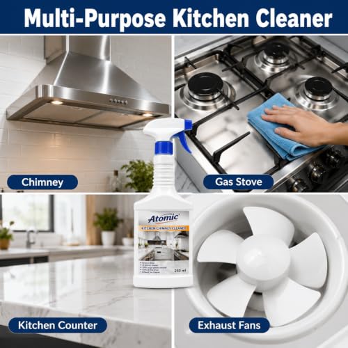 Image of ATOMIC Chimney Cleaning Liquid Spray 250 ml | Removes 100% germs | Cleans Stove | Grill Cleaner | Removes Heavy Grease, Oil and Stain remover for Grill, Gas Stove, Exhaust Fan, Chimney, Griddles