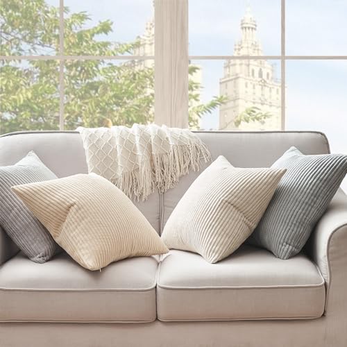 Image of Topfinel 4 Packs Neutral Decorative Throw Pillows Covers 12x12 Inch for Living Room Couch Bed Sofa, Rustic Farmhouse Boho Neutral Home Decor, Soft Plush Striped Corduroy Square Cushion Case 30x30 cm