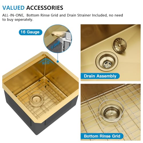 Image of 17 inchx17 inch Gold Bar Prep Sink Undermount Workstation | Brushed Gold NANO-PVD 16 Gauge T304 Stainless Steel Single Bowl Under Counter Basin for RV Kitchen Wet Bar Prep Station