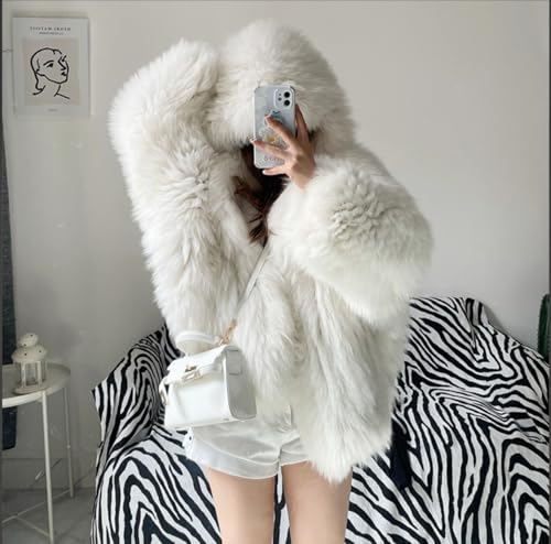 Short White Women's Fashion Faux Fur Coat Soft Overcoat Fluffy Fur Jacket Outwear Sweater With Hat4