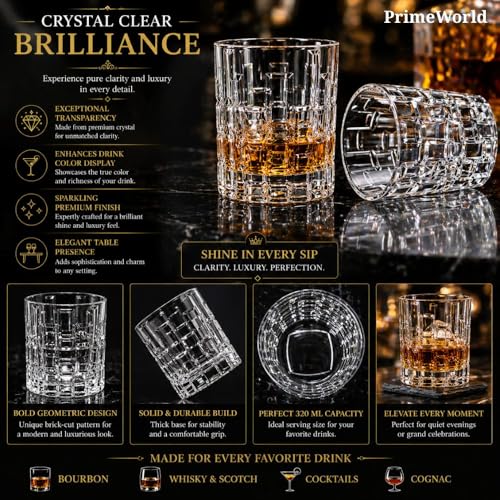 Image of PrimeWorld Premium Bricks European Crystal Whiskey Glasses Set of 6 pcs- 320 ml Bar Glass for Drinking Bourbon, Whisky, Scotch, Cocktails, Cognac- Old Fashioned Cocktail Tumblers