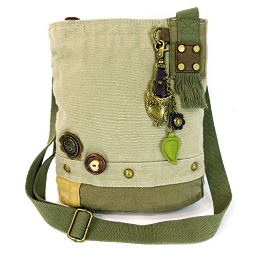 CHALA Patch Cross-Body Women Handbag, Canvas Messenger Bag, Metal Owl - Sand