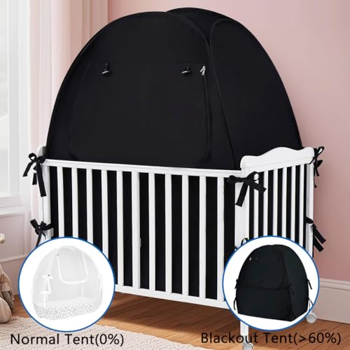 Image of Akiky Pop Up Tent Crib Blackout Tent Mini Crib and Pack N Play Tent Travel Privacy Tent,Blackout Canopy Crib Cover, Sleep Pod for Kids Toddler Baby