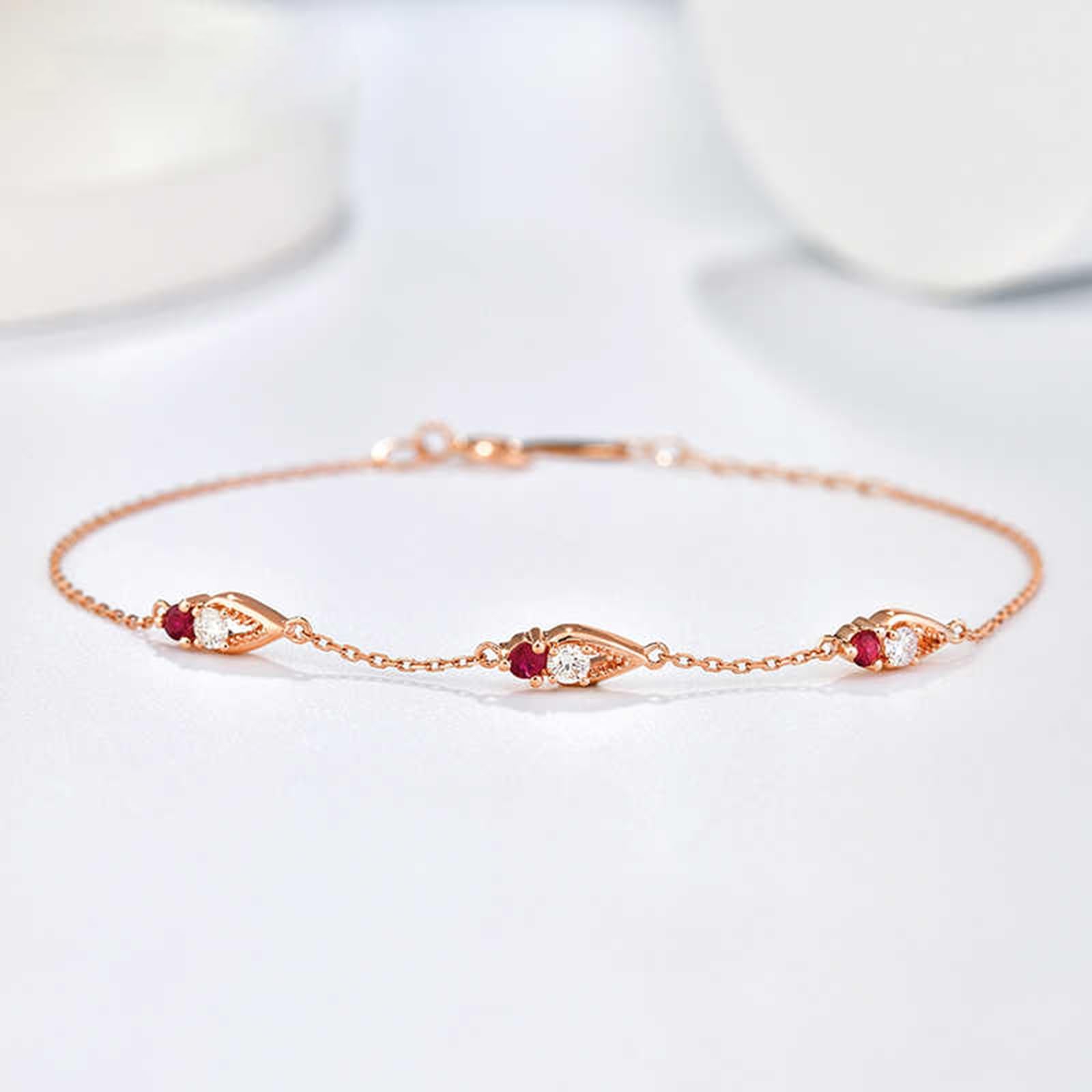 Pulseras de la amistad de oro rosa, rubí de 0,15 quilates, diamantes de 0,14 quilates, pulseras de la amistad para mujer