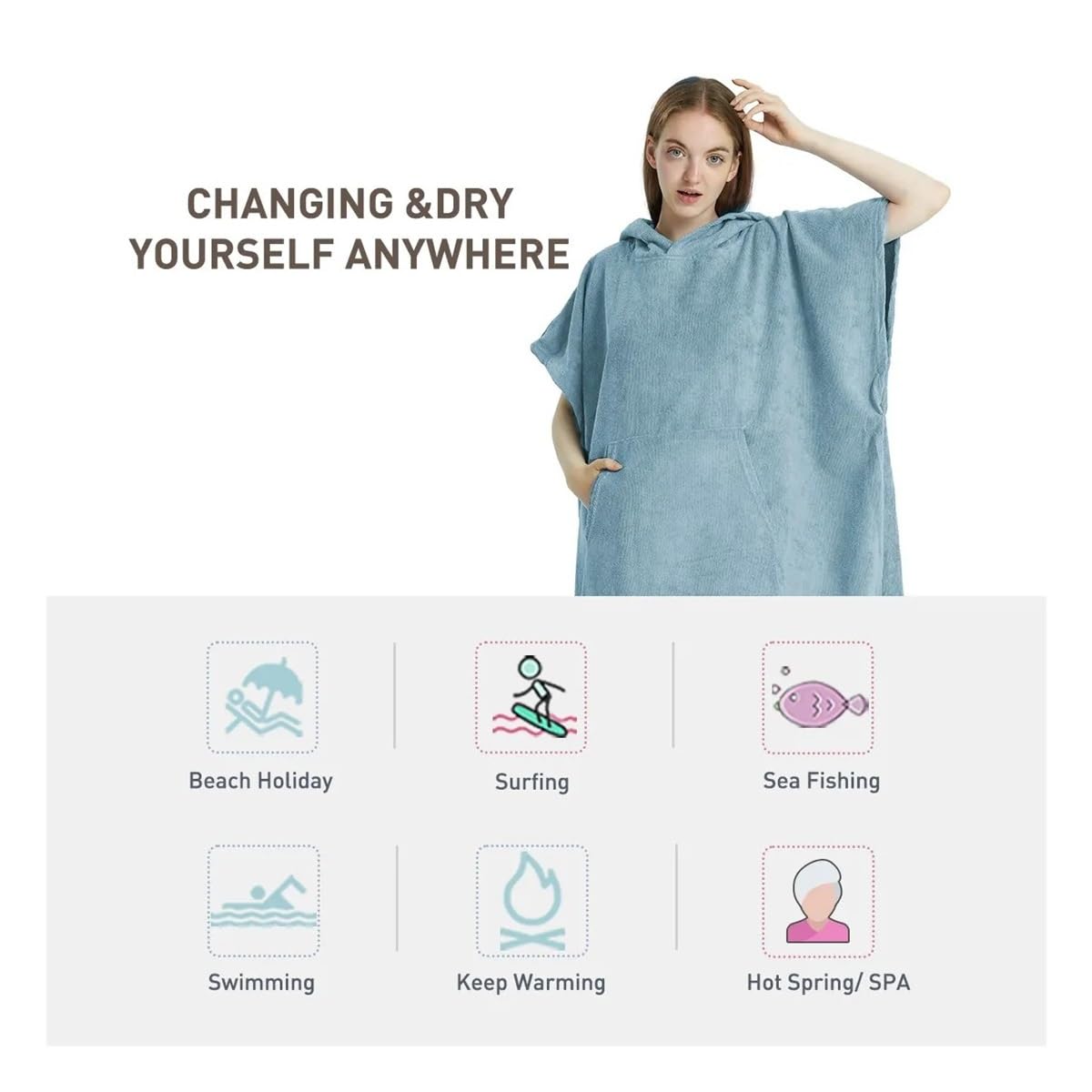 Surf Poncho Handtuch Poncho Schnell Trocknendes Handtuch Hoodie Mikrofaser Strandmantel (Hellblau)