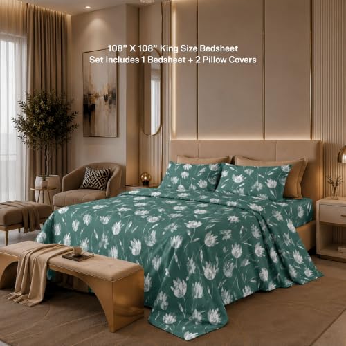 Image of Jaipur Weaves Cotton King Size Bedsheet 108x108 Super King, 100% Pure Cotton Bed Sheet with 2 Pillow Covers, 300 TC Soft Breathable Floral Design Bedding (Green Tulips, Super King)