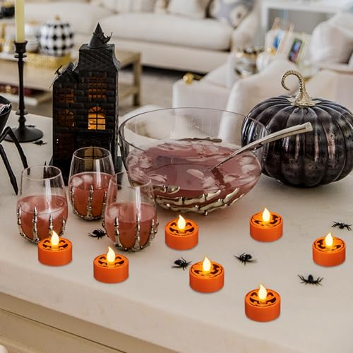 Image of Halloween Tea Lights Candles with 6H Timer, Pumpkin Flameless Candles with Ghost Face Flickering, LED Candles Battery Operated 12 Pack Φ 1.5 inch H 1.4 inch for Fall Halloween Decorations