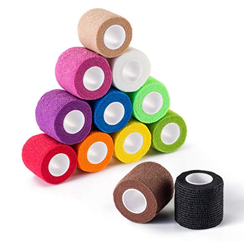 Self Adherent Wrap Cohesive Bandages,Athletic Elastic Cohesive Bandage for Sports Injury,Ankle, Knee & Wrist,Ankle Sprains & Swelling,12-Pack, 2 x 5 Yards