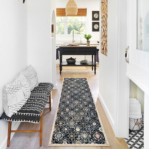 KILOCOCO 2x6 Runner Rug, Moroccan Super Soft Washable Hallway Runner Rug, Accent Print Faux Wool Kitchen Runner Rug 6 Feet Non-Slip Rug Runners for Laundry Room Bedroom, Black/Navy Blue/Multi