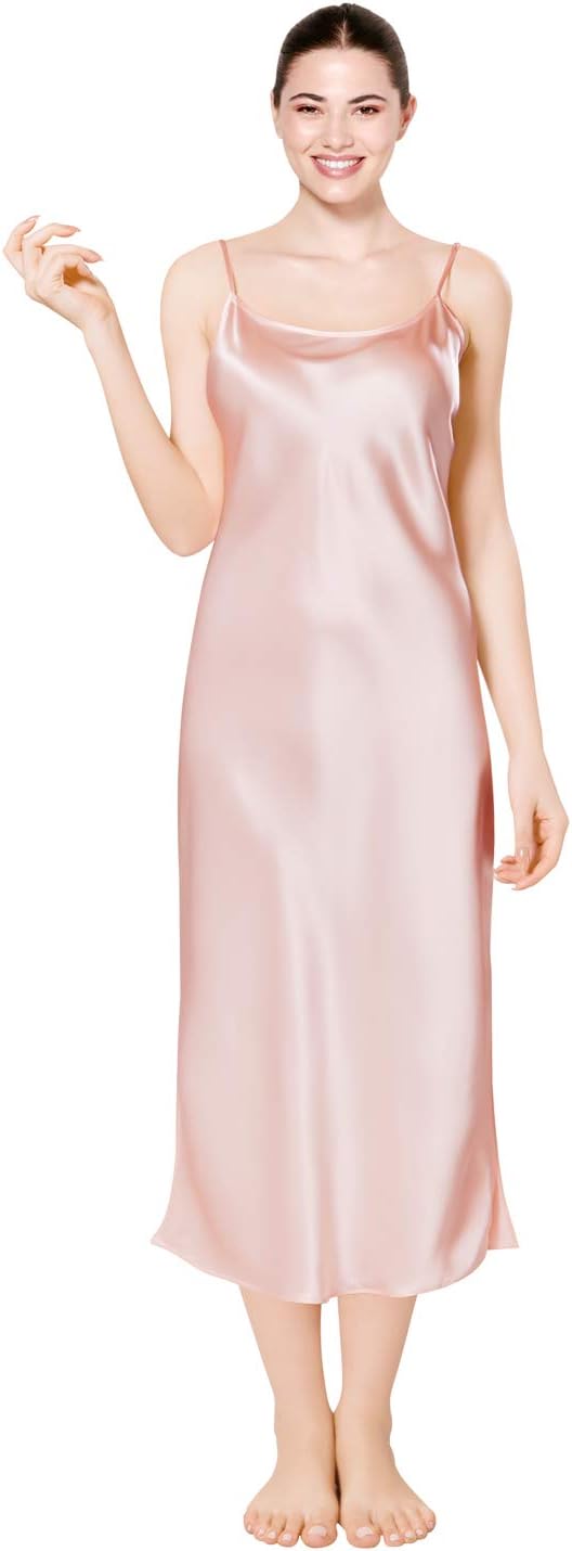 ElleSilk 100% Silk Nightgown for Women, Silk Long Slip Dress, 22 Momme Mulberry Silk, Light Pink, S