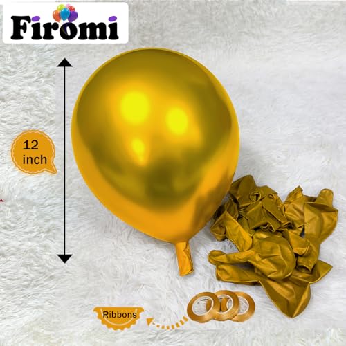 Image of Firomi Metallic Chrome Gold Balloons 12-inch 100 Pack (with 3 Ribbons) | Thicken Shiny Helium Big Round Gold Latex Balloon for Wedding Birthday Party