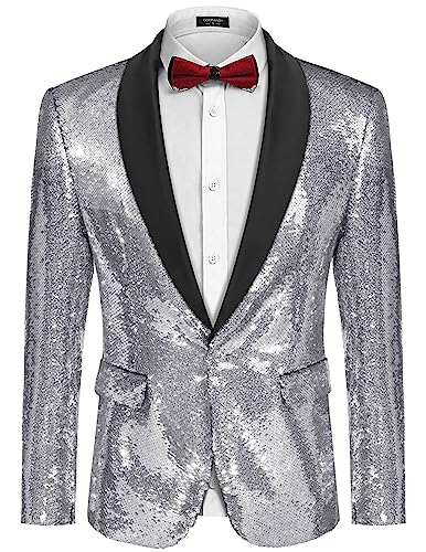 COOFANDY Mens Shiny Sequin Blazer Tuxedo Party Dinner Prom One Button Suit Jacket