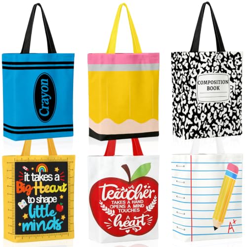gyoyede 6 Pcs Teacher Appreciation Gifts 6 Different Designs Teacher Canvas Tote Bag Thank you Gift Sturdy Shoulder Bag for Teachers Teaching Assistant School Leaving Gifts