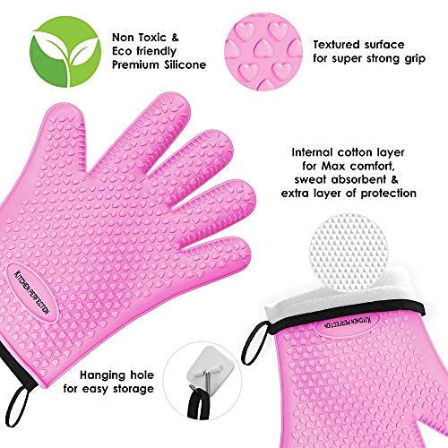 Image of KITCHEN PERFECTION XL Silicone Smoker Oven Gloves-Extreme Heat Resistant BBQ Gloves-Handle Hot Food Right on Your Grill Fryer&Pit|Waterproof Grilling Cooking Baking Mitts|Superior Value Set+3 Bonuses