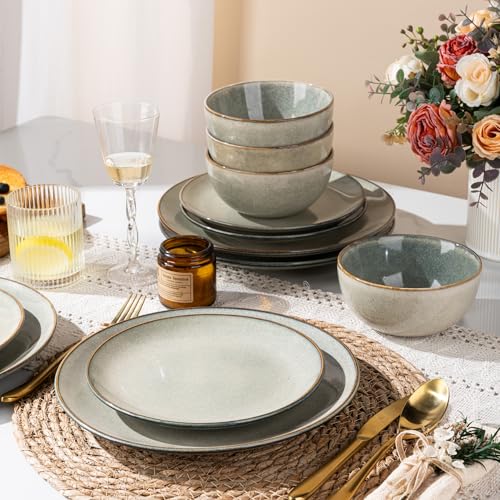 Image of GBHOME Dinnerware Sets For 6, 24Pcs Stoneware Plates and Double Bowls Sets, Dishwasher&Microwave Safe