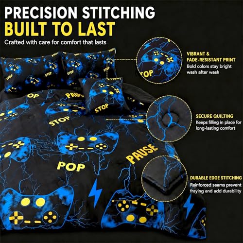 Image of ZRNBAST Gamer Bedding Set Queen Size, Blue Lightning Video Game Comforter Set with Sheets, 6 Pieces Bed in a Bag for Boys, Gamepad Gaming Bedrooom Bed Set(Blue,Queen)
