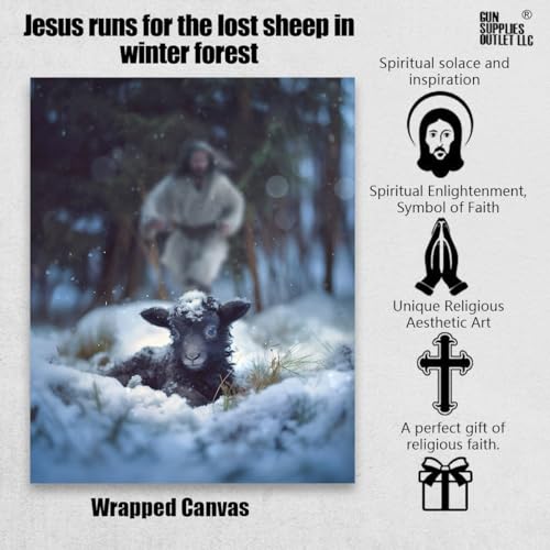 Image of Jesus and Lamb Canvas Wall Art Jesus Runs for the Lost Sheep In Winter Forest Picture Wall Art Canvas Print Christian Home Decor 12x16 inch