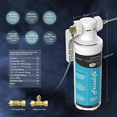 Image of Frizzlife Inline Water Filter System for Fridge, Ice Maker, Under Sink, Certified 0.5 Micron Reduces Chlorine, Lead, Long Lasting, Compression Brass Fittings Fits for Copper Tubing, MS99