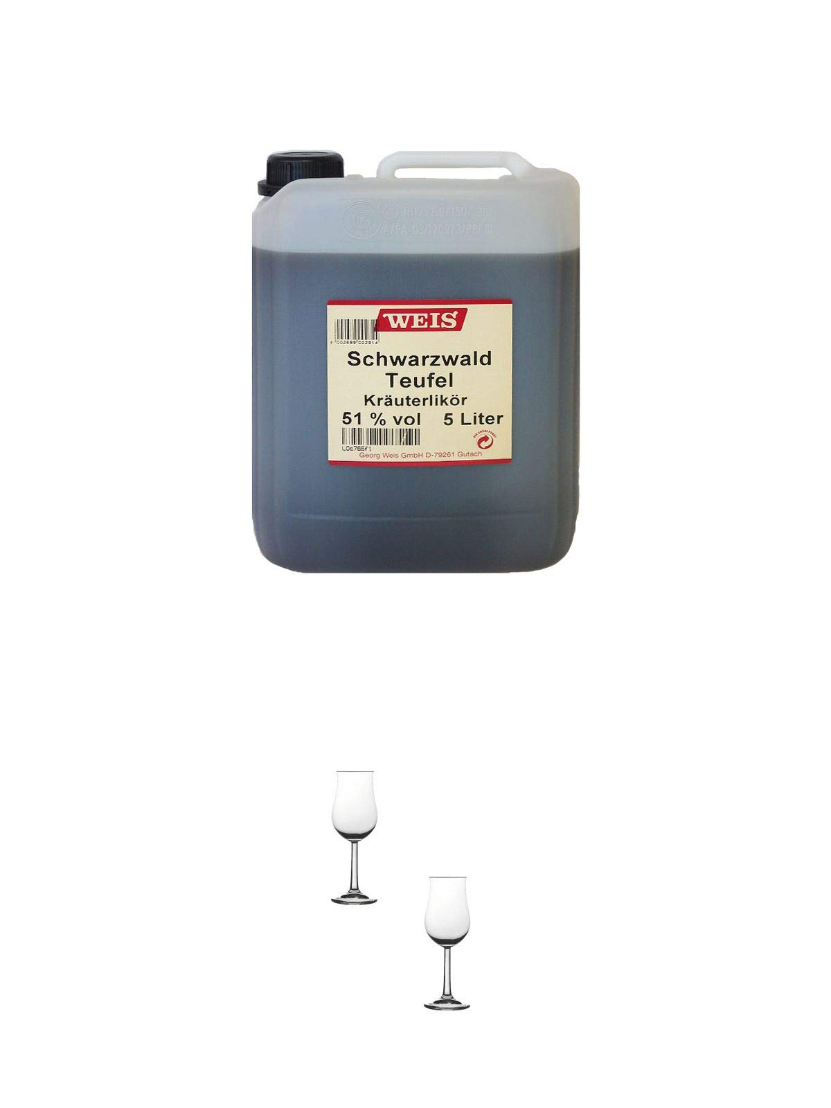 Elztalbrennerei Georg Weis Schwarzwald Teufel 5,0 Liter Kanister + Nosing Gläser Kelchglas Bugatti mit Eichstrich 2cl und 4cl - 2 Stück
