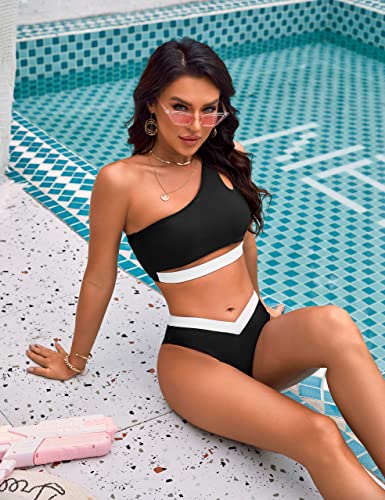 Blooming Jelly Women's High Waisted Bikini Sets High Cut One Shoulder Color Block Swimsuits Cutout Two Piece Bathing Suits (Black With White,Small) #TOP7